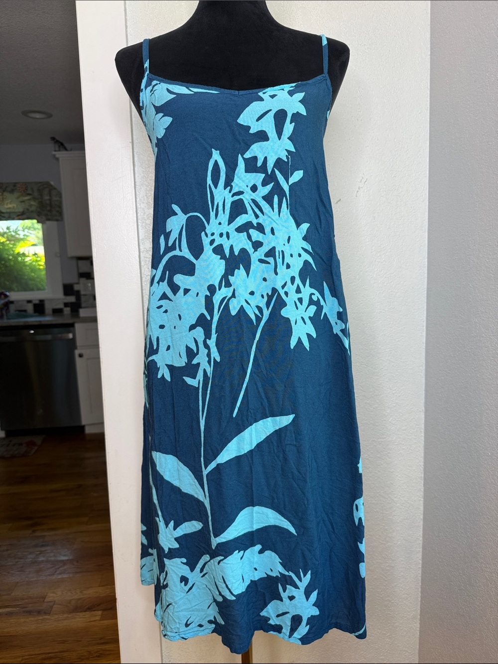 Hawaiian Rayon Tropical Slip Dress Blue Turquoise Y2K Resort Vacation Small